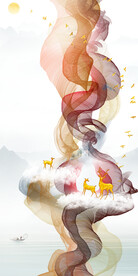 轻奢装饰画 弧线 山水画麋鹿