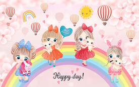 可爱卡通小女孩彩虹儿童房背景墙