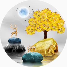 轻奢装饰画 山水石头麋鹿