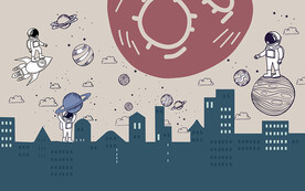 卡通城市太空人儿童房背景墙