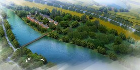 美丽乡村木屋及河道鸟瞰图