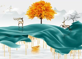 轻奢装饰画 飘带 山水麋鹿