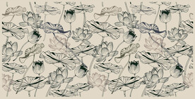 手绘荷花和叶子线条无缝图案