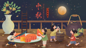 中秋月饼桂花茶小人物场景