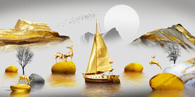 轻奢装饰画 山水石头麋鹿