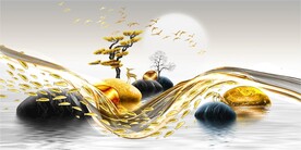 轻奢装饰画 山水石头麋鹿弧线