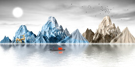 轻奢装饰画 山水石头麋鹿船