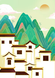 徽州建筑插画 原创风景手绘