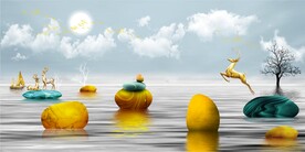 装饰画 山水石头麋鹿