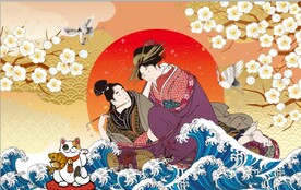 浮世绘日本料理餐饮背景墙