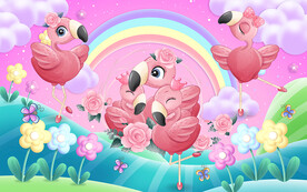 可爱卡通火烈鸟彩虹儿童房背景墙