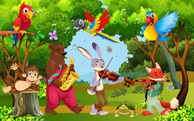 卡通动物演奏会儿童房背景墙