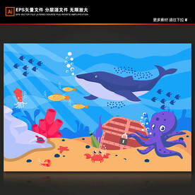手绘海底世界卡通海豚章鱼背景墙
