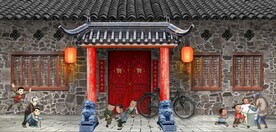 复古江南民居背景墙壁画