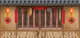 复古怀旧农家瓦房背景墙壁画