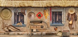 复古怀旧农家茅屋背景墙壁画