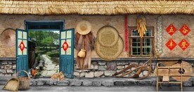 复古怀旧农家茅屋背景墙壁画