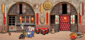 80后90后北方窑洞背景墙壁画