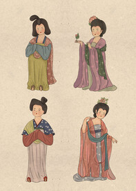 一组唐朝仕女图插画人物形象卡通