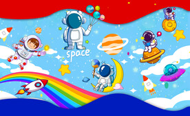 卡通彩虹星空宇航员背景墙