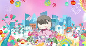 小女孩粉红色卡通背景墙