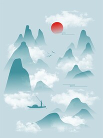 中式中国风水墨山水山纹飞鸟渔船