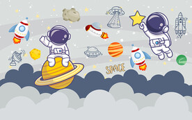 卡通外太空火箭儿童房背景墙
