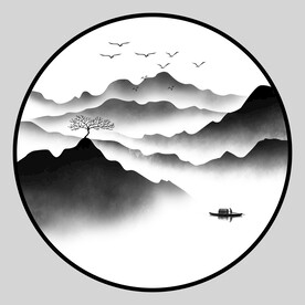 高清分层透明底圆形山水打印图