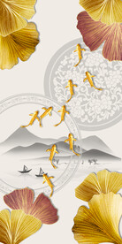 轻奢装饰画 水墨画 杏叶金鱼