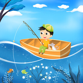 卡通钓鱼儿童插画
