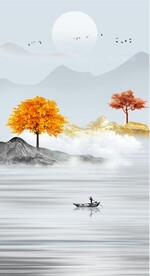 装饰画 水墨山水画 小船