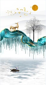 装饰画小船 新中式山水画 麋鹿