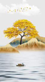 装饰画树 新中式山水画 船
