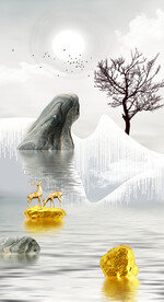 装饰画 新中式山水画 石头麋鹿