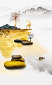 装饰画 新中式山水画 石头麋鹿