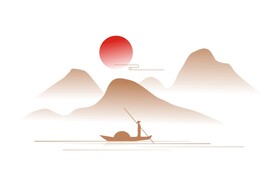 中式中国风水墨山水山纹渔船元素