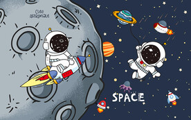 卡通太空人火箭儿童房背景墙