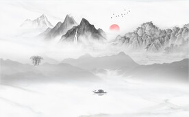 日出装饰画 新中式山水画 小船