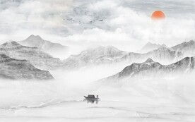 日出装饰画 新中式山水画 小船