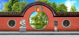 3D中式月亮门建筑背景墙