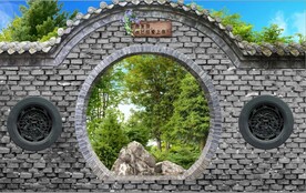 3D中式月亮门建筑背景墙