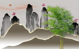 新中式水墨山水竹林背景墙壁画