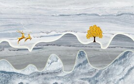 灰白根大理石背景墙 山水画麋鹿