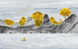 山水画 大理石背景墙 麋鹿