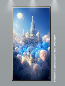 梦幻蓝色城堡白色玫瑰装饰画