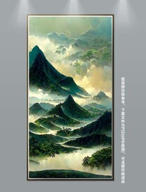 现代手绘绿色风景靠山装饰画