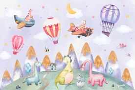 卡通小恐龙水彩热气球山峰背景墙