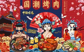 国潮烤肉美女工装背景墙