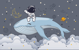 卡通宇航员鲸鱼太空儿童房背景墙