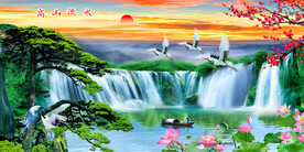 迎客松瀑布山水画